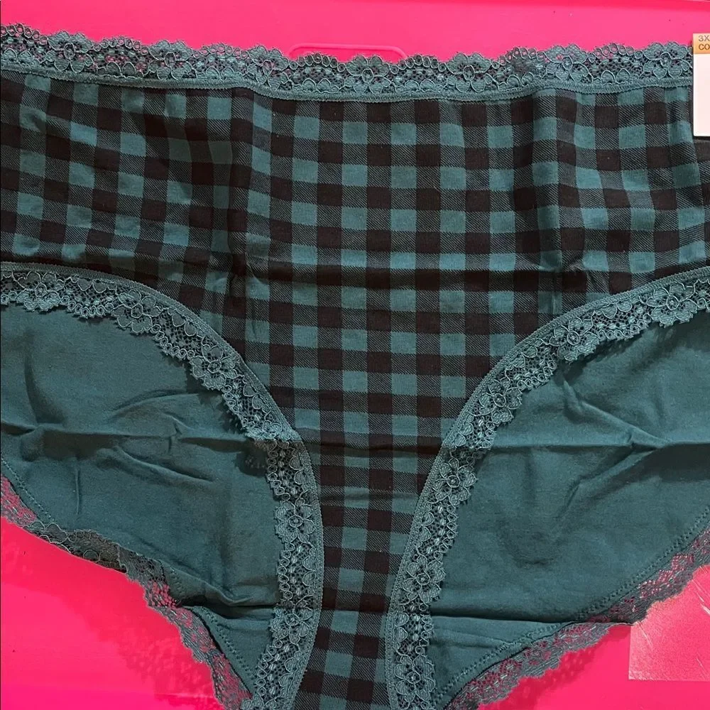 Jenni Plus Green and Black Buffalo Check Lace Panties Sz 3X